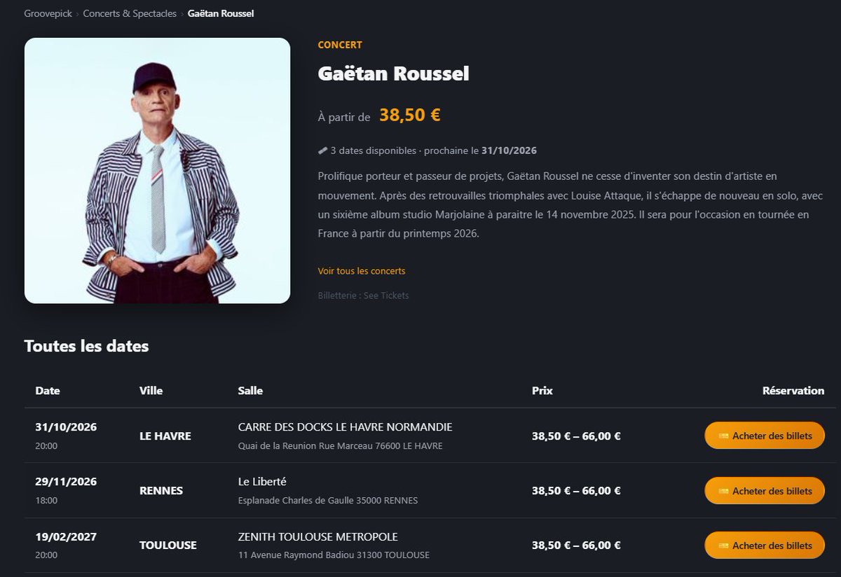 GroovePick's tweet photo. Le #GroovePick : Pop-Rock Français 🔍

L'homme ne s'arrête jamais. À peine les amplis de la tournée triomphale de Louise Attaque refroidis, Gaëtan Roussel repart déjà sur les routes de sa propre cartographie musicale. Cet artiste en mouvement perpétuel ne se capture jamais aussi bien que sur scène.

Car avant même d'être figée sur la cire d'un vinyle, la musique vit, respire et se métamorphose au contact du public. Un concert de Roussel, c'est l'occasion unique de ressentir l'énergie brute de ses nouveaux titres de l'album Marjolaine, de capter la nervosité d'une guitare, la texture si particulière de sa voix qui se brise et se déploie sans aucun filet de sécurité. C'est l'expérience analogique ultime.

La suite 👇