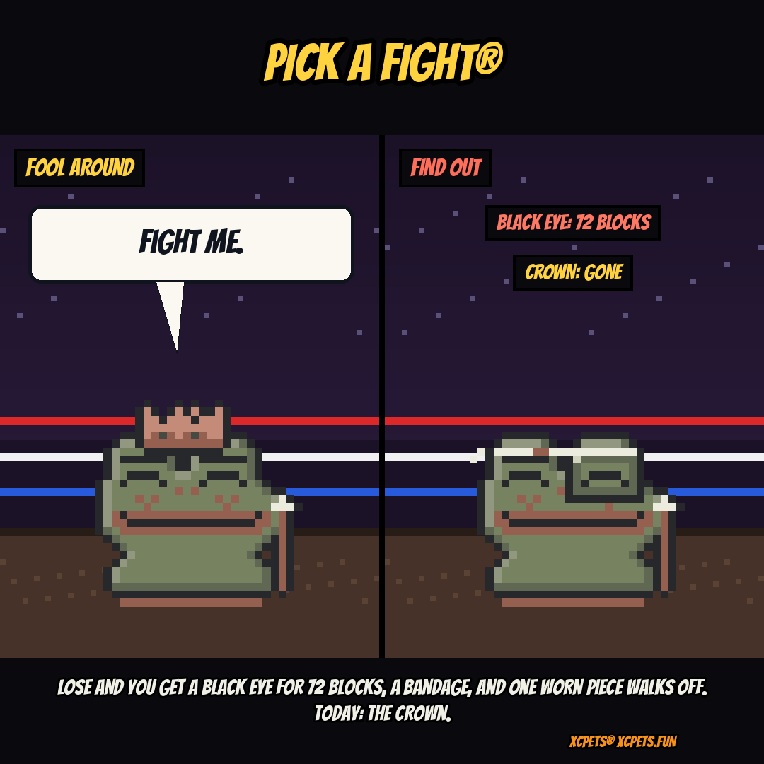 XCPets's tweet photo. Halloween night in the 8-bit arena: this Pepe put on its crown and yelled "fight me." It lost. Black eye for 72 blocks, a head bandage, and the crown walked right off. Pick your fights wisely at https://t.co/ZGietdCWKm #XCPets https://t.co/lyZ1sMriSL
