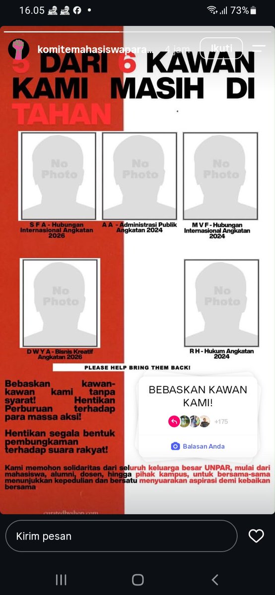 reeoyn's tweet photo. HELP RETWEET/REPOST

Halo guys, boleh bantu kawal? 

Ini salah satu dari mahasiswa UNPAR (Universitas Katolik Parahyangan), temanku ditahan karena bersuara beberapa hari lalu dan orangnya masih belum ada kabar sampai sekarang..

Makasi banyak sebelumnya! https://t.co/PCN80QLkMt
