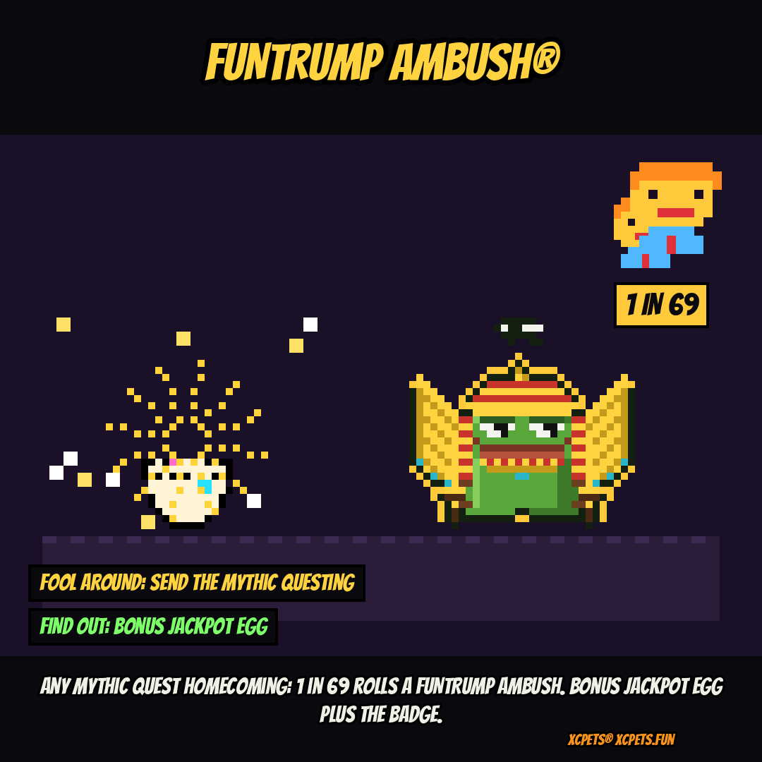 XCPets's tweet photo. Halloween quest night in 8-bit land π Send your Mythic out questing and 1 in 69 homecomings roll a FUNTRUMP Ambush. The treat: a bonus Jackpot Egg plus the FUNTRUMP badge. Fool around, find out. https://t.co/ZGietdDuzU #XCPets https://t.co/rm4RP18jik