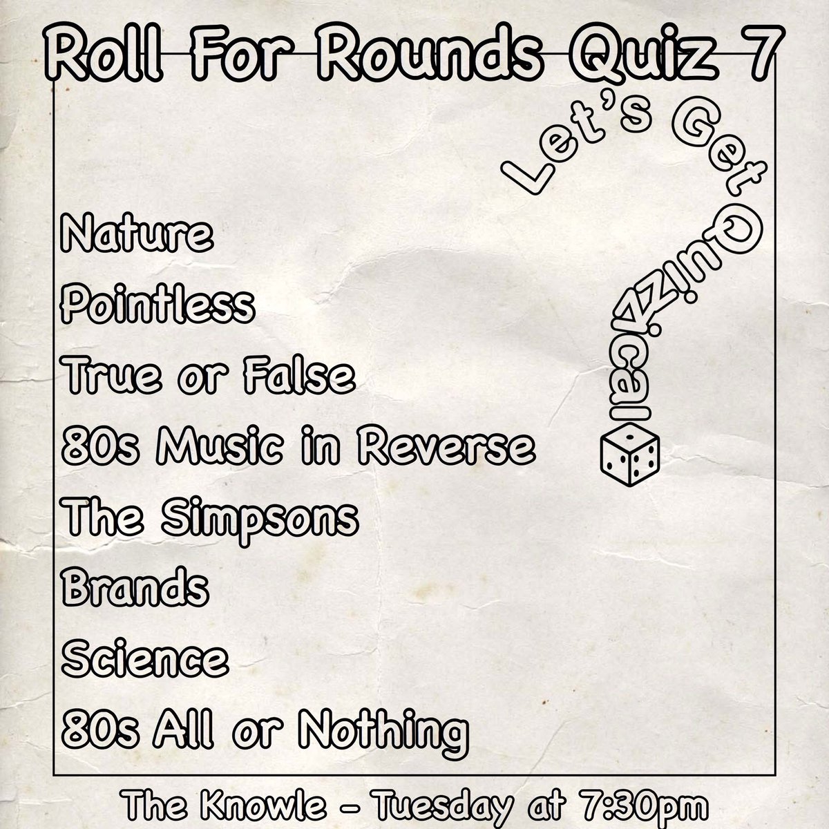 QuizzicalQuiz's tweet photo. Join us on Tuesday at #TheKnowle in #BS4, Bristol for our next #QuizNight! 7:30pm start for our #RollForRounds #Quiz with a ยฃ30 bar tab and wine to be won https://t.co/swL0Q0OlbN