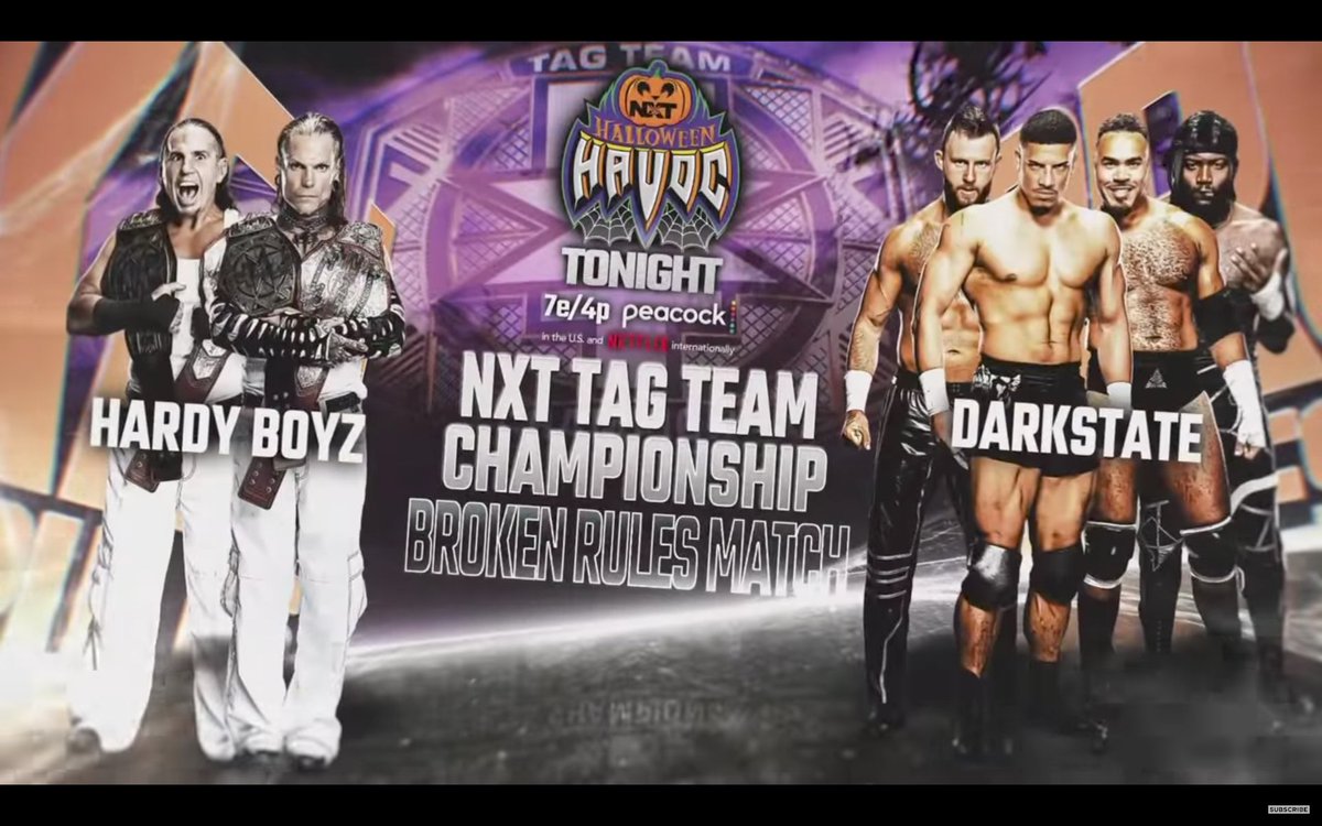 wweLovatic4ever's tweet photo. 5th match of NXT HALLOWEEN HAVOC 2025
NXT TAG team championship
Broken Rules match
Hardy Boyz
@MATTHARDYBRAND & @JEFFHARDYBRAND
Vs
Darkstate https://t.co/G4HfsCwf6y