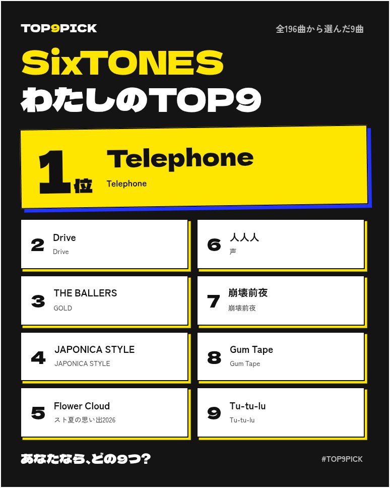 Ryo_1644's tweet photo. わたしのSixTONES TOP9

ドパドパしすぎてまじおもろい

https://t.co/JKFHv9IEdJ

#TOP9PICK #SixTONES https://t.co/Gq68ZllBmD