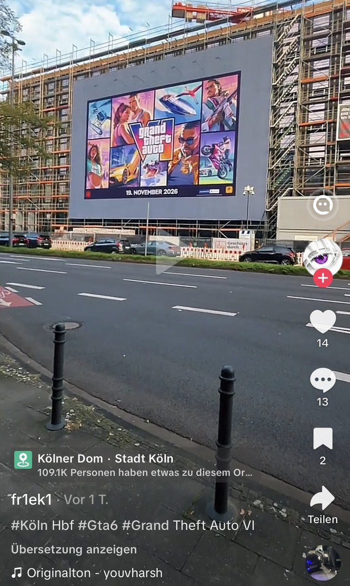 DennisWerth_'s tweet photo. Am Köln HBF hängt das erste GTA 6 Werbe-Material ganz offiziell in Deutschland. Ich denke das bald TV-Spots folgen werden. Sieht nice aus! https://t.co/F1nx462Ad1