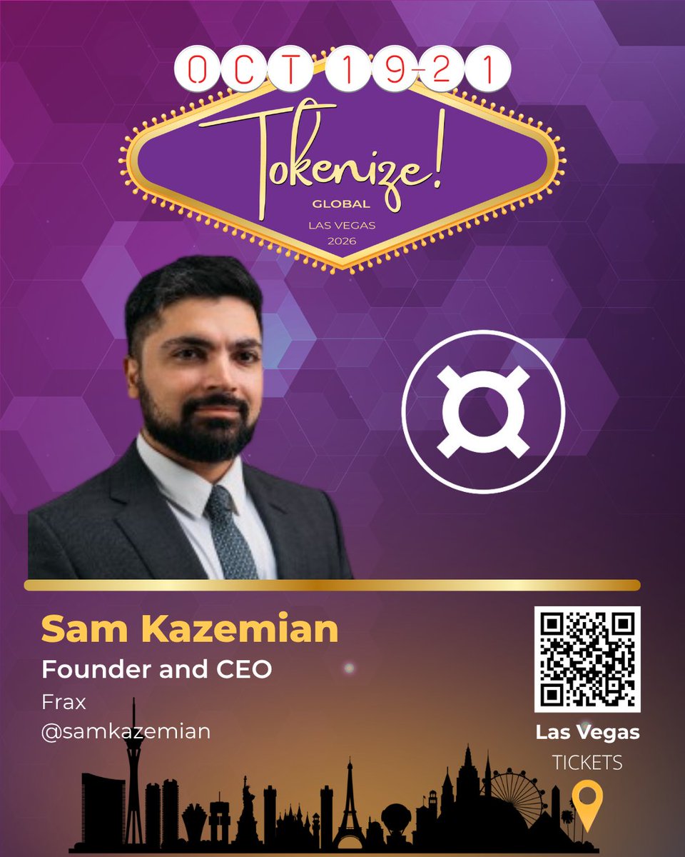 TokenizeCon's tweet photo. He started a company in his UCLA dorm room. Then he built one of DeFi’s best-known stablecoin protocols.

Sam Kazemian (@samkazemian), Founder and CEO of @Frax, is joining the payments conversation at Tokenize! AI, Politics, Payments & Entertainment in Las Vegas 2026.

Forbes 30 Under 30, co-founder of Everipedia, and the person behind Frax since 2019.

📅 October 19 to 21, 2026 | Monday to Wednesday
📍 Las Vegas, Nevada

🎟️ Get in today: https://t.co/Ng8ye8Okyn