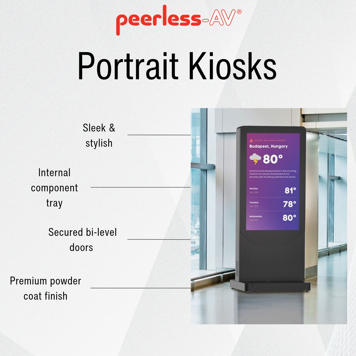 PeerlessAV's tweet photo. From corporate to transportation to hospitality to retail to everything else the world can dream up, an indoor kiosk can help make any space more efficient and aesthetic.

Learn more: https://t.co/7hy8EVOxR5

#AVTweeps #proAV #digitalsignage #DOOH https://t.co/6UiC91ACSG