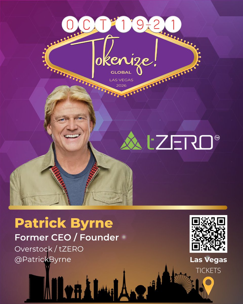 TokenizeCon's tweet photo. He founded Overstock, ran it for 20 years, and used it to launch tZERO, one of the first SEC-regulated blockchain trading platforms.

Patrick Byrne (@PatrickByrne), Founder and Former CEO of @Overstock and @tZERO, is talking tokenized markets at Tokenize! AI, Politics, Payments & Entertainment in Las Vegas 2026.

Tokenized securities before tokenization was a buzzword.

📅 October 19 to 21, 2026 | Monday to Wednesday
📍 Las Vegas, Nevada

🎟️ Save your entry: https://t.co/Ng8ye8Okyn