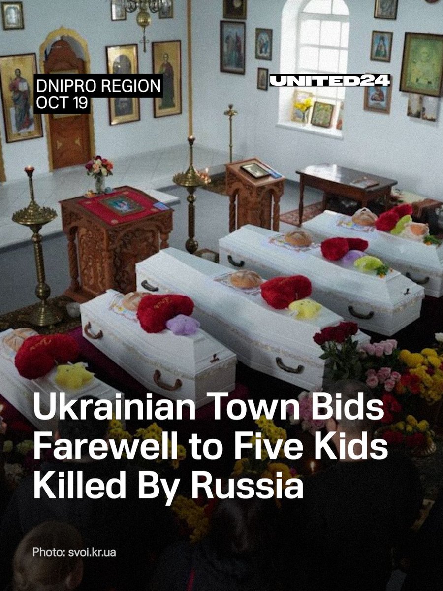 United24media's tweet photo. Radushne in Dnipro region said a final goodbye to five children killed by a Russian missile strike. 

It took over two months of DNA testing just to identify their bodies after Russia wiped out ten members of the same family. https://t.co/6U8RsHAz7I