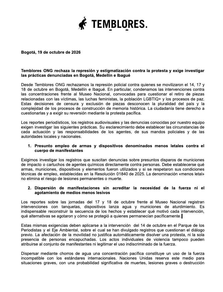 TembloresOng's tweet photo. Temblores ONG rechaza la represión y estigmatización contra la protesta y exige investigar las prácticas denunciadas en Bogotá, Medellín e Ibagué. Acá puede conocer nuestro comunicado de prensa. 👇 https://t.co/yxEpwkvPLD