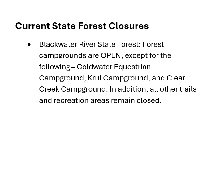 FLForestService's tweet photo. 🚨UPDATE 🚨
Effective Oct. 19, 2026, at 2 p.m., all campgrounds at Blackwater River State Forest are now open, except for Coldwater Equestrian Campground, Krul Campground, &amp; Clear Creek Campground. All other trails &amp; recreation areas at Blackwater River State Forest remain closed https://t.co/xzblzQV03Z
