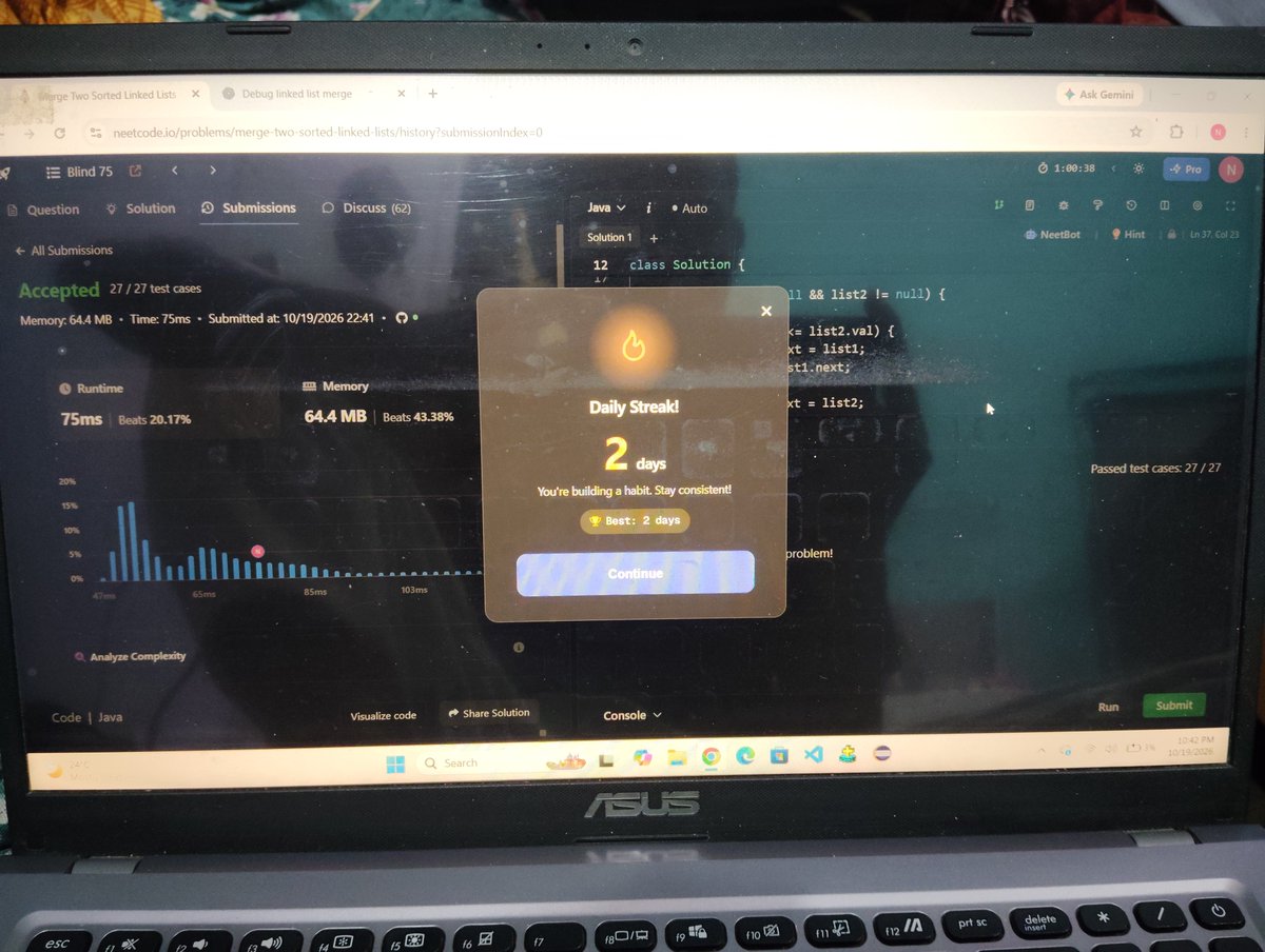 nafiskhanjmi's tweet photo. Q:- Merge two sorted linkedlist.

I try this question yesterday approx 1 hour but I didn't solve it and again today I try to solve but after one hour I run code and passed some test cases but found TLE then I take hint and observe I need a dummy node and add smaller node to this. https://t.co/QnCV4lgPvB