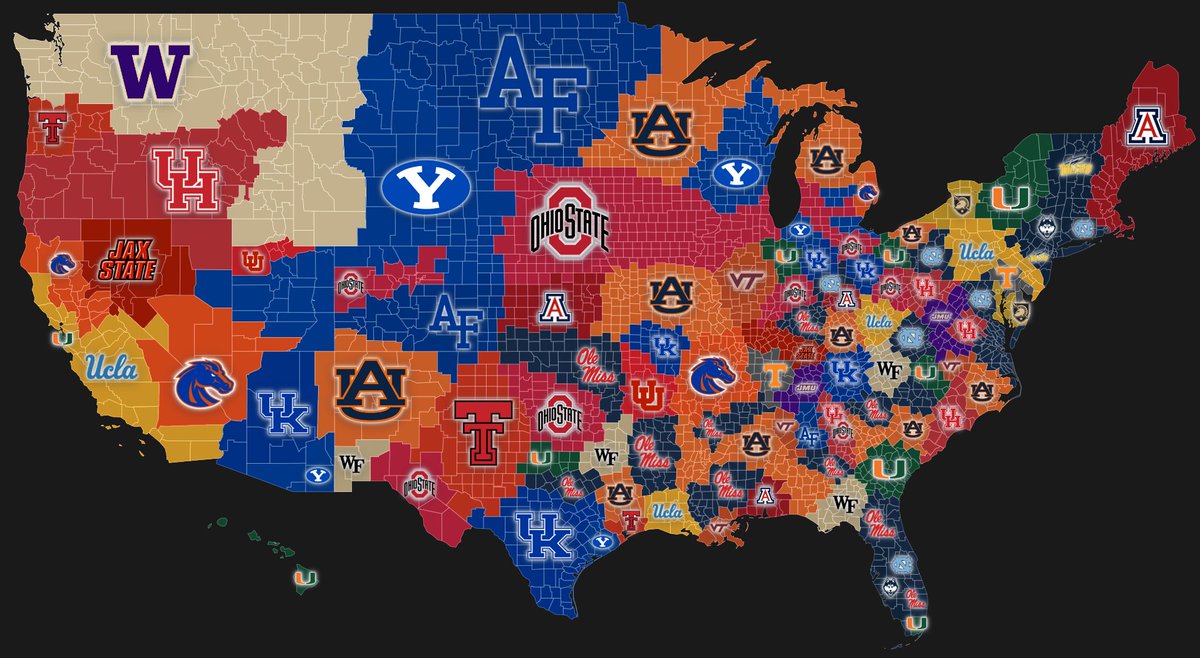 PmtStats's tweet photo. College Football Territory Map - Week 7

The rules are simple: When one team beats another, the winner takes over all the loser's territory.  

Auburn holds the most sq mileage and counties 
UCLA holds the most population https://t.co/3icS3FvwEw
