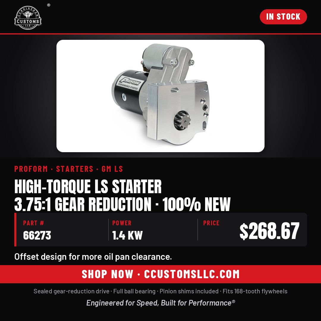 ccustomsllc17's tweet photo. LS swap with a tight oil pan? This gear-reduction starter's offset design adds pan clearance and rotates for chassis room. 100% new, 1.4 KW, sealed 3.75:1 drive. $268.67, in stock.
https://t.co/Yr2TJojKQy
#V8 #LSswapped #LS

Engineered for Speed, Built for Performance® https://t.co/fdxL0XGWSs
