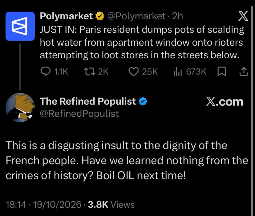 georgemillo's tweet photo. One of my favourite pieces of pedantic trivia is that this trope is historically inaccurate. Oil was way too expensive to waste by throwing it over someone! To defend your castle you threw boiling water.

History appears to be repeating itself. https://t.co/l5L9tV4cWT