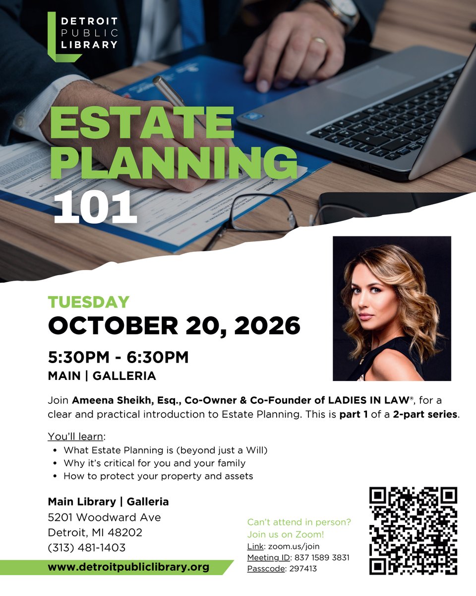 DetroitLibrary's tweet photo. Two part series on Estate Planning at the #detroitpubliclibrary! Tuesdays, Oct. 20 and 27 starting at 5:30 pm at Main Library discover how to protect your property and assets, different types of deeds and more!
Part 1: https://t.co/5qPM6ZsvFv
Part 2: https://t.co/2UkAmGhCY1 https://t.co/FVtSwqQf0g