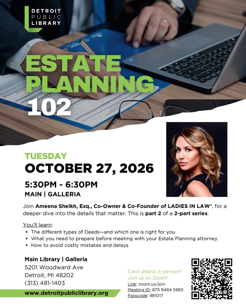DetroitLibrary's tweet photo. Two part series on Estate Planning at the #detroitpubliclibrary! Tuesdays, Oct. 20 and 27 starting at 5:30 pm at Main Library discover how to protect your property and assets, different types of deeds and more!
Part 1: https://t.co/5qPM6ZsvFv
Part 2: https://t.co/2UkAmGhCY1 https://t.co/FVtSwqQf0g