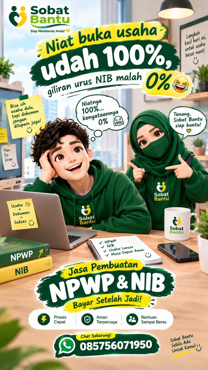 SobatBantu's tweet photo. Tenang, Sobat Bantu siap bantu! NPWP &amp; NIB, bayar setelah jadi! 💚 https://t.co/AEXc8MpyFJ