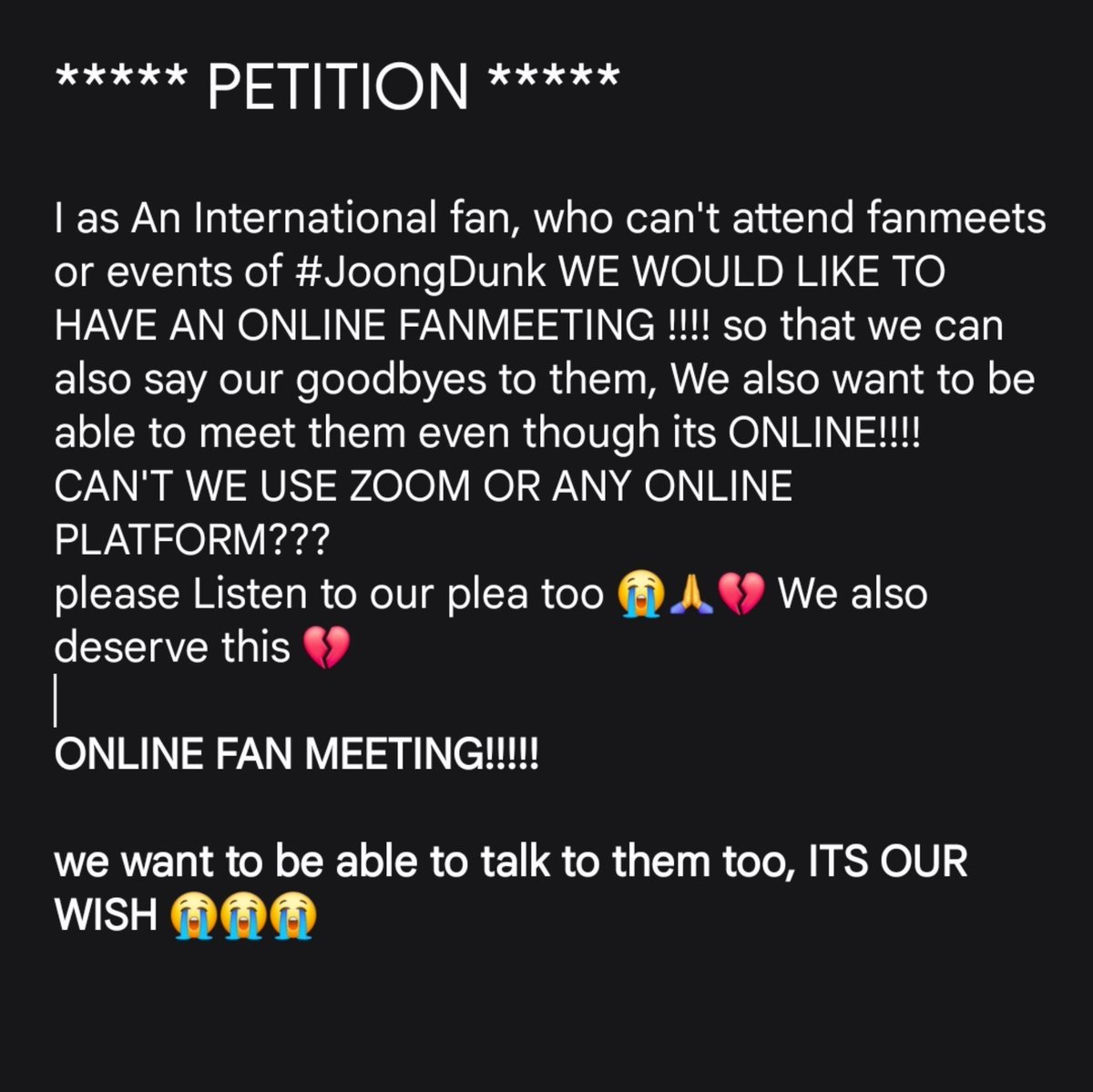 PPW_princess's tweet photo. EVERYONE WHO SEES THIS PLEASE LIKE AND REPOST 
I want this to be known so we can also have a chance to say Our Fav cp goodbye 😭🙏 #JoongDunk #joongdunkforever  #fanmeeting #onlinefanmeeting #GMMTV https://t.co/qME9sDWSzT