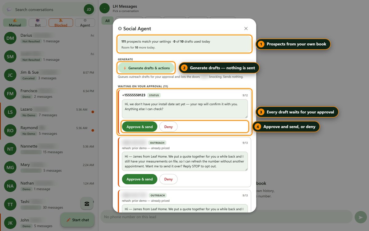 R3D3Y3_SNIPER's tweet photo. Feature snapshot: Virtual Sales Rep, inside the Communications portal

Every customer conversation in one place. Texts, calls, email, outreach, office notes and job history on one thread, from the rep's own business line.

Switch a customer to Bot and the virtual rep reads the thread, suggests the reply and lines up what needs doing. Tap Generate drafts and customers from your own book (past demos, no-sales) get a short follow-up in your name, each one waiting on Approve & send or Deny.

Nothing reaches a customer unless the rep approves it.

That's Praxis Virtual Sales Rep, tailored by Praxion for LH Masterlog Agent.

https://t.co/6uOEaXgU72