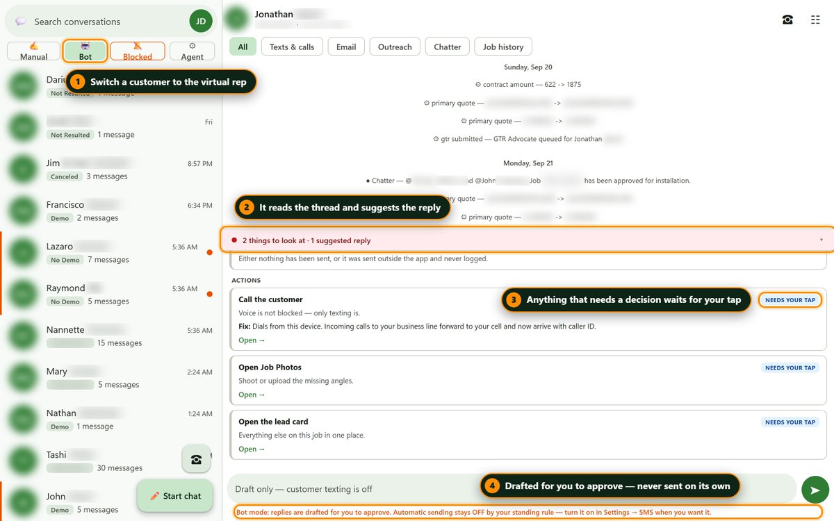 R3D3Y3_SNIPER's tweet photo. Feature snapshot: Virtual Sales Rep, inside the Communications portal

Every customer conversation in one place. Texts, calls, email, outreach, office notes and job history on one thread, from the rep's own business line.

Switch a customer to Bot and the virtual rep reads the thread, suggests the reply and lines up what needs doing. Tap Generate drafts and customers from your own book (past demos, no-sales) get a short follow-up in your name, each one waiting on Approve & send or Deny.

Nothing reaches a customer unless the rep approves it.

That's Praxis Virtual Sales Rep, tailored by Praxion for LH Masterlog Agent.

https://t.co/6uOEaXgU72