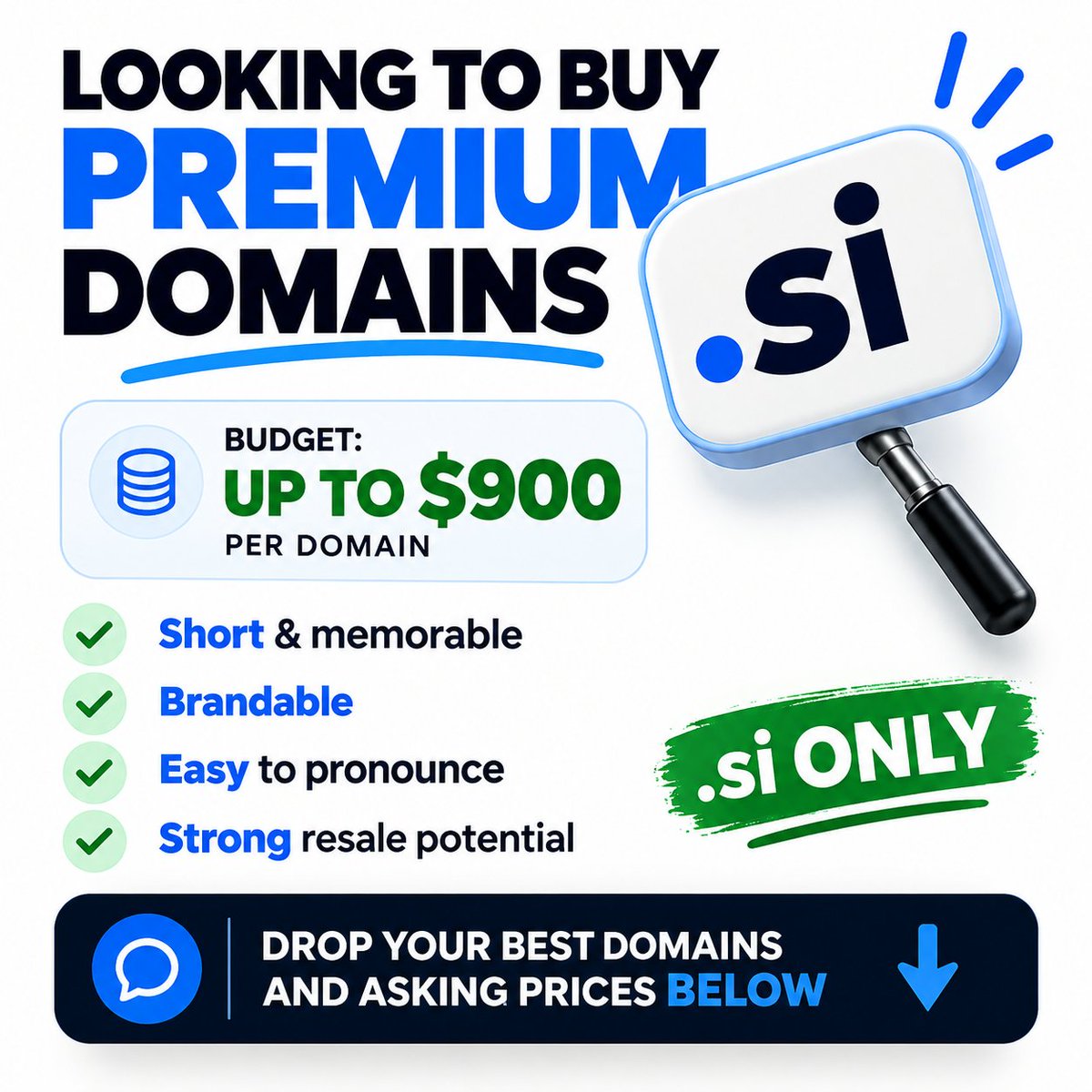 Nameluxe's tweet photo. Looking to buy premium .si domains!

Budget: Up to $900 per domain.

Seeking short, memorable, highly brandable names with strong resale potential.

.si ONLY.

Drop your best domains and asking prices below 👇 https://t.co/CzsRvuwgUY
