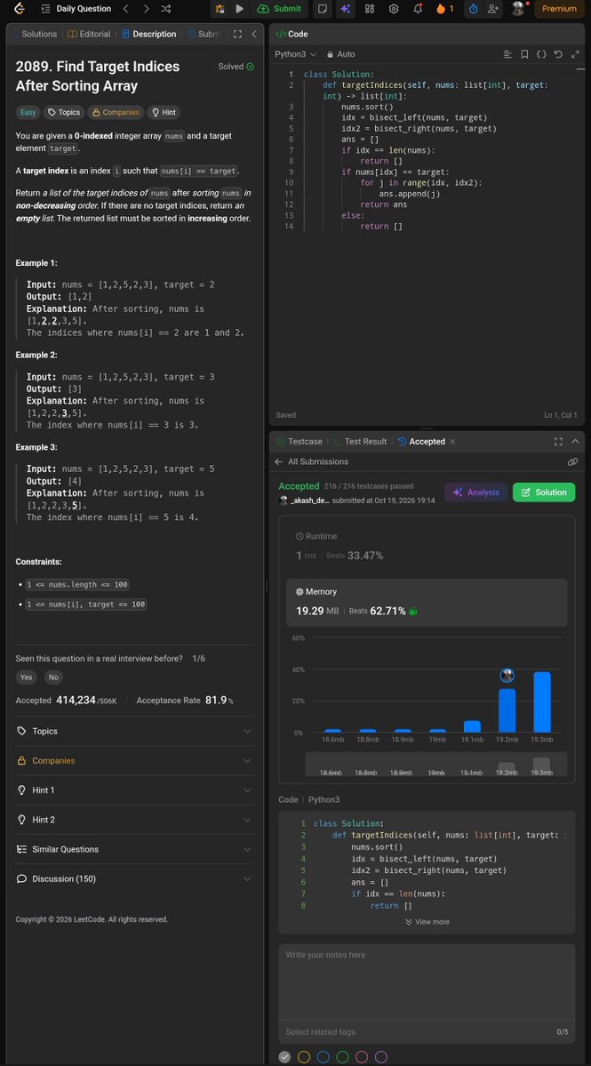 _deep_star's tweet photo. Hello All, I completed #Day1021 of #365DaysofCode Challenge with @scaler_official
Question: Find Target Indices After Sorting Array
discord link: https://t.co/8JQpNSUK1v
#letsconnect #potd #scalerdiscordcommunity #codewithscaler #365daysofcodescaler #365DaysofCode https://t.co/fWprZVOb77