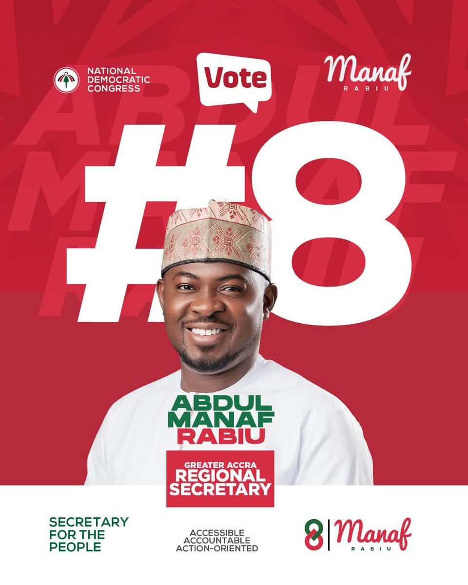 JuliusDebrah28's tweet photo. Eight is the number. Service is the mission. The people are the priority. Abdul-Manaf Rabiu for Greater Accra Regional Secretary.
#Manaf4GreaterAccraGenSecretary
#VoteNumber8 https://t.co/LdUZghtby8