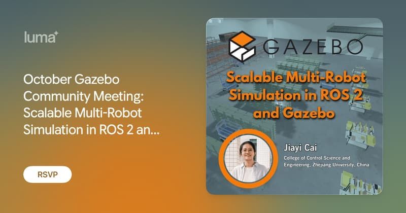 OpenRoboticsOrg's tweet photo. Join us this Wed, Oct 21st, at 7pm PT for our monthly Gazebo Community Meeting.

Our guest speaker will be Jiayi Cai, our Google Summer of Code student who will discuss building scalable multi-robot simulations using #ROS 2 and #Gazebo.

RSVP on Luma:
https://t.co/UxhmIHUyrw https://t.co/pHSbtf0ucL
