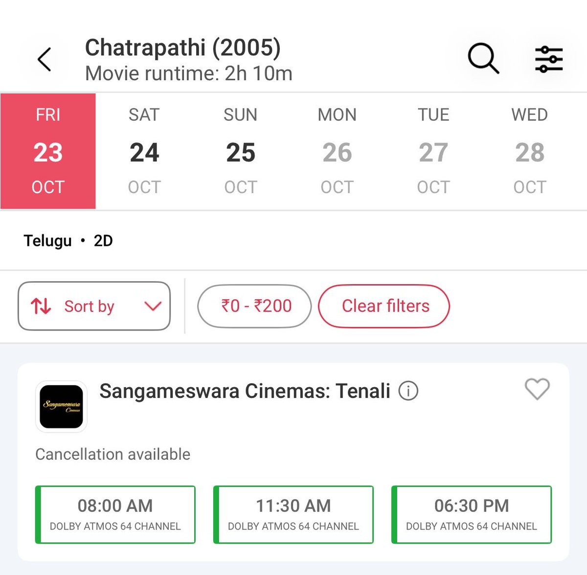 Chatrapathi4K's tweet photo. Tenali Sangameswara Bookings Opened For Three Days ποΈ
23RD: Three Shows
24&25th: Two Shows
#Chatrapathi4K https://t.co/EuL4TZdEMR