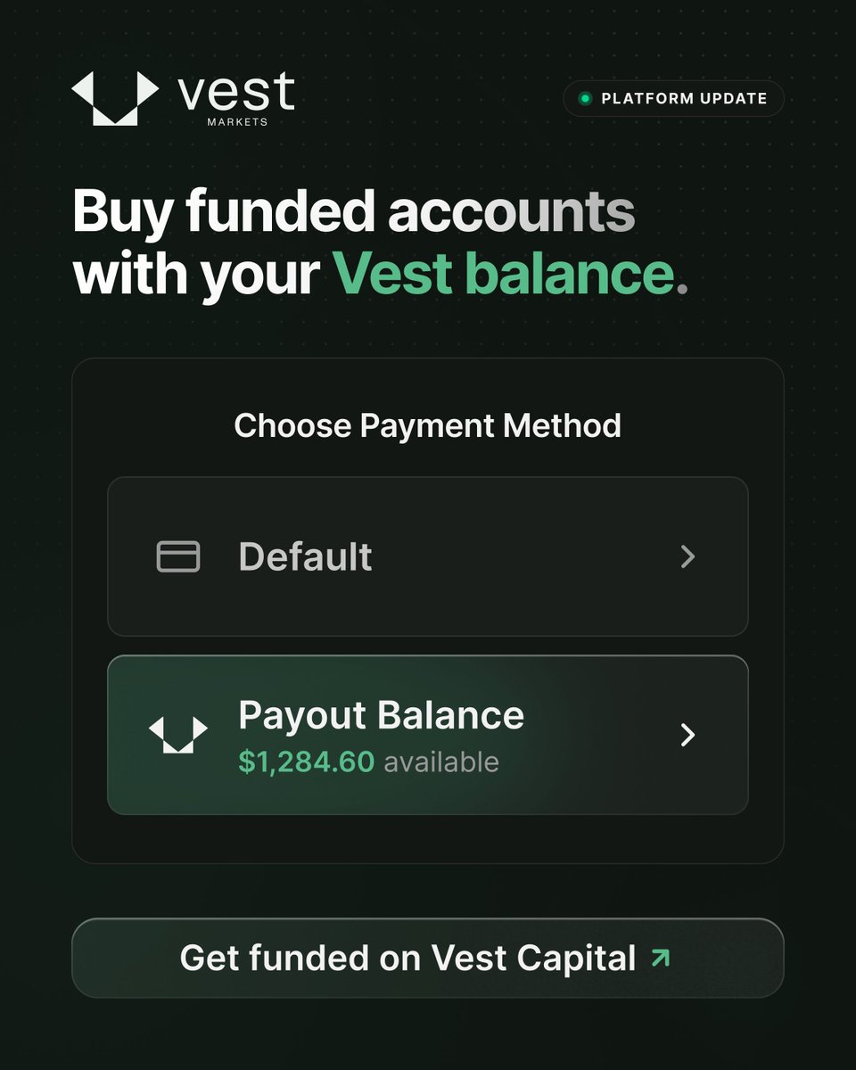 VestExchange's tweet photo. Vest Capital funded accounts can now be purchased with your Vest balance.

Funded profits and affiliate earnings held in your Primary Account can be used at checkout via Payout Balance. https://t.co/3suotDplY4