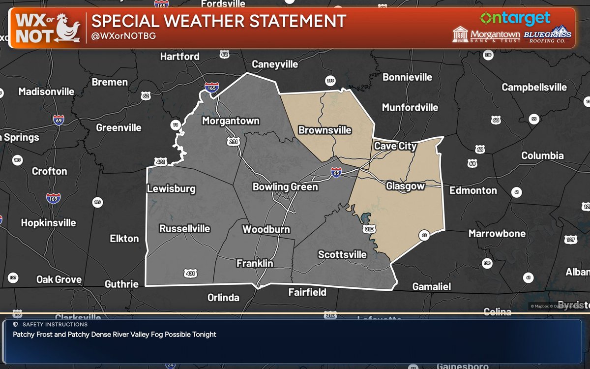 wxornotBG's tweet photo. 1:39 PM CT 10/19/26: Special Weather Statement issued for Edmonson and Barren through Tuesday morning. Temps fall to the low/mid 40s, but sheltered valleys may reach the 30s with patchy frost, especially east of I-65. https://t.co/vuDCMLfv5O
