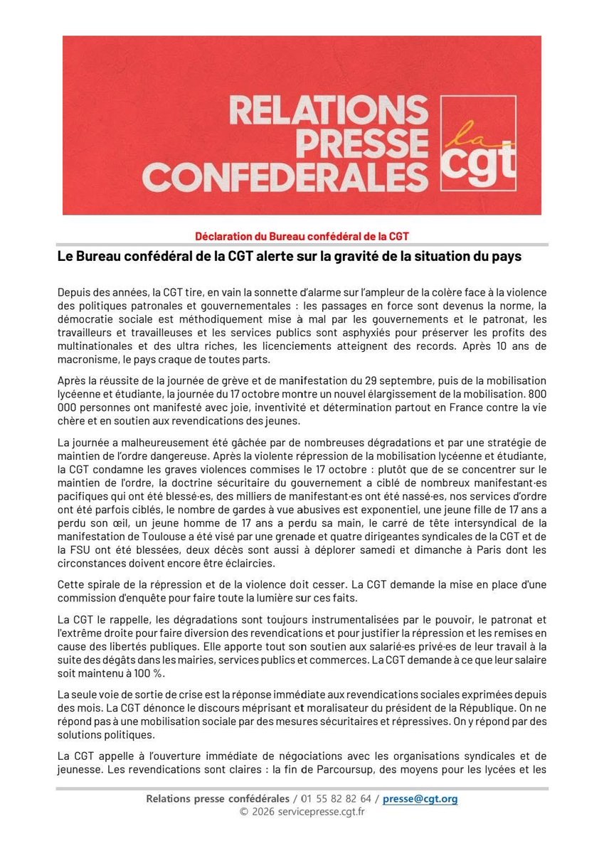 lacgtcommunique's tweet photo. 🔴 Déclaration du bureau confédéral de la CGT sur la gravité de la situation du pays

La CGT appelle l'ensemble des travailleuses et des travailleurs à continuer à se mobiliser pacifiquement et à se réunir partout, sur leurs lieux de travail pour décider de leurs revendications et de la grève de façon à faire du 5 novembre prochain une grande journée de convergence, de grèves et de manifestations.

Face à la stratégie du chaos déployée par le gouvernement, gardons le cap sur nos revendications, soyons mobilisé·es jusqu'à leur satisfaction.