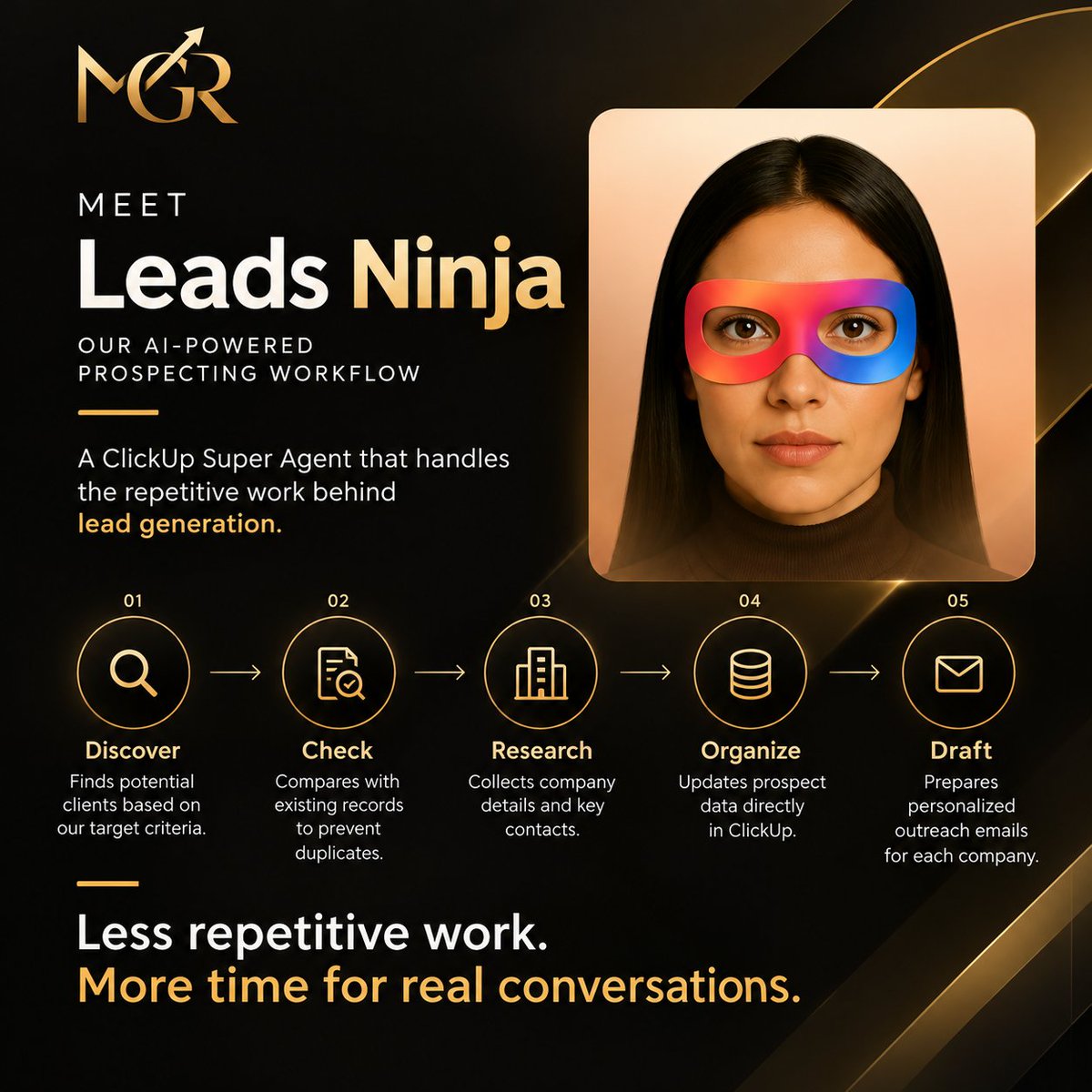 Elmoghier_'s tweet photo. Meet Leads Ninja, our @clickup Super Agent.

It finds prospects, checks for duplicates, researches companies, updates our CRM, and drafts personalized emails.

We're not automating relationships. We're automating the repetitive work behind them.

#ClickUp #AIAgents https://t.co/sgoUShxGyz