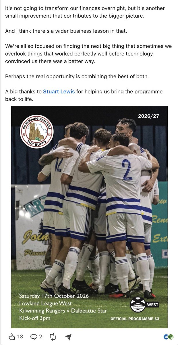 StuartLewis66's tweet photo. Great to hear the return of the matchday programme was a success @steadythebuffs on Saturday. 
It quickly became apparent that myself and Buffs chairman Jack Schofield shared a vision that a printed programme is still very relevant and can be profitable in the modern digital era. https://t.co/Fo6hngJBYP