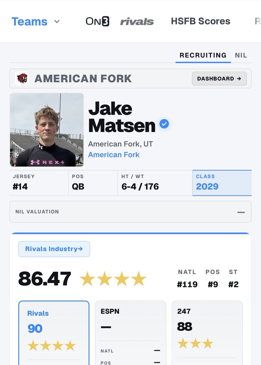 jake_matsen's tweet photo. Thankful to receive a 4⭐️ rating from @Rivals and be ranked the #9 QB in the country and the #2 player in Utah in the Rivals Industry Ranking!

@cavemanfootball
@BIGHUNS
@Andy_Pham1
@CoachDanny10
@CraigHaubert
@qbelite
@DemetricDWarren
@TomLuginbill
@RockyMtnSlinger
@QBHitList
@stroformance
@TheUCReport
@BrandonHuffman
@BlairAngulo
@adamgorney
@ChadSimmons_
@CharlesPower
@AllenTrieu
@gabrieldbrooks
@247Hudson
@TJ_Randall12
@BrianDohn247
@MikeRoach247
@Andy_Villamarzo
@Reynolds_Rivals
@footballscoutMN
@ballersinutah
@SWiltfong_
@TomLoy247
@Stumpf_Brian
@All_Poly_Sports
@LemmingReport 
@KSLSportsRewind
@SlingintheP