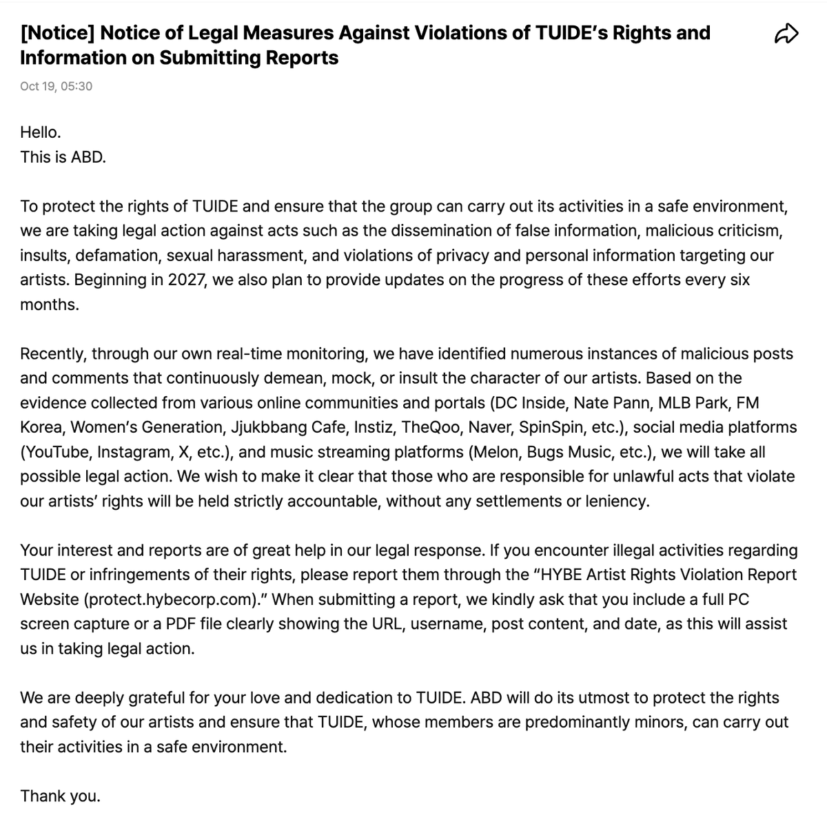 StbvBase's tweet photo. SANTOS BRAVOS is now HYBE's only (debuted) IP/artist that has not been added to HYBE Artist Rights Violation Report Website (https://t.co/40LEKXaDbK).

We urgently ask @HYBEOFFICIALtwt, HYBE Americas (HYBE Latin America), and TRU Records to add SANTOS BRAVOS to the official online portal for reporting illegal activities regarding SANTOS BRAVOS and/or infringements of their rights.

This inclusion is of crucial importance as it allows for equal opportunity for DUAL to be able to report through official channels, enabling a faster response, safeguarding the rights and well-being of SANTOS BRAVOS, and ensuring that the group can carry out its activities in a safe environment. 

We also ask that legal action be taken against unlawful acts that violate SANTOS BRAVOS’ rights and that those who perpetrate such actions be held strictly accountable.

HYBE, protect your artists.

#SANTOSBRAVOS @HYBEOFFICIALtwt @hybe_latam @santos_bravos