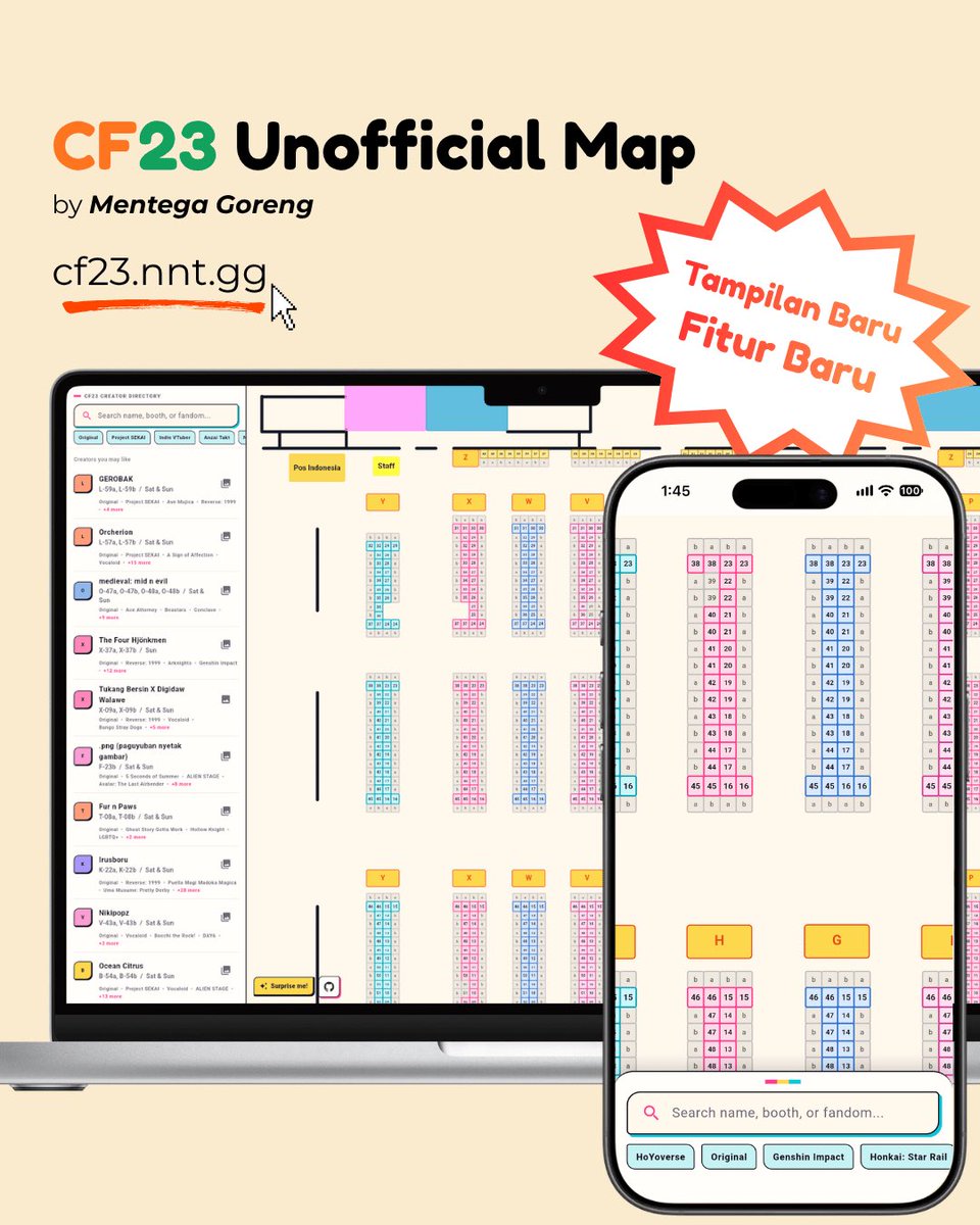 MentegaSennn's tweet photo. Akhirnya updatenya ready juga!!!!

#CF23 Unofficial Interactive Map is here~ ✨

Kali ini bukan cuma update data dan katalog doang, tapi ada tampilan dan fitur baru gesss:

- Personal booth recommendation: Mempermudah explore booth yang mungkin kamu suka
- Smart Fandom Search 2.0