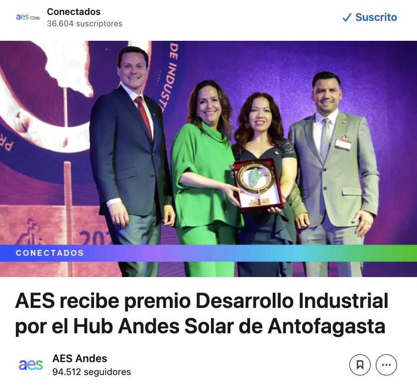 AES_Chile's tweet photo. ¡Orgullosos del trabajo en equipo que impacta positivamente en el norte y sur de nuestro país! 🇨🇱✨

Conoce todas las distinciones que nos impulsan a seguir avanzando hacia un modelo más competitivo y sostenible. 

Lee las novedades de AES en nuestro newsletter 👇https://t.co/pCjLl3WrYK