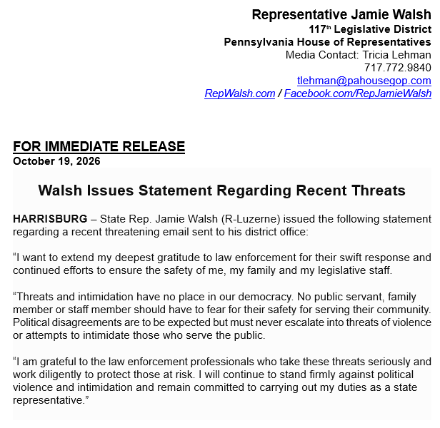 PAHouseGOP's tweet photo. Rep. Jamie Walsh issued a statement today following death threats against him and his family.

MORE: https://t.co/Hr0Rv8nP9r https://t.co/fnMTHGceEc