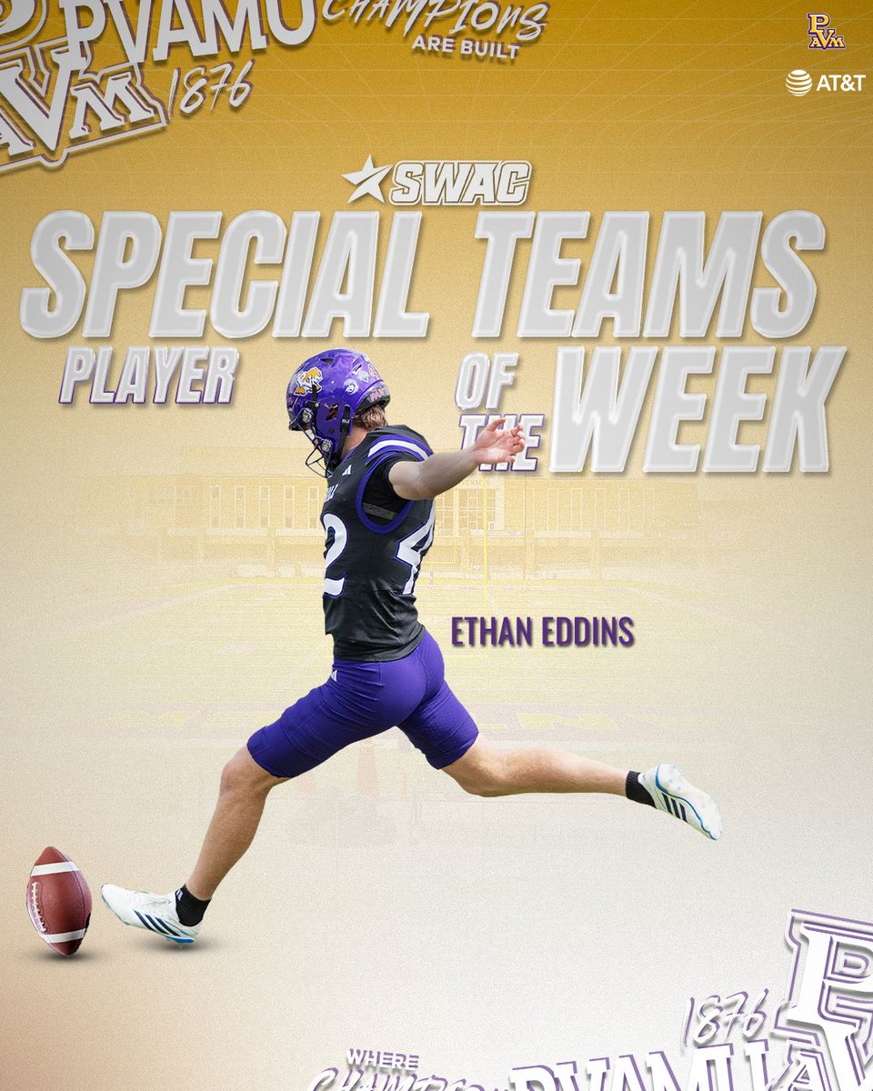 PVAMUPanthers's tweet photo. SWAC SPECIALIST OF THE WEEK!

Congrats to Ethan Eddins! Eddins drilled the game-winning 37-yard FG with 1:56 left to seal PVAMU’s 41-38 Homecoming win over Alcorn! 

#PVAMU #PantherPride #WhereChampionsAreBuilt https://t.co/JPCAROMi2O