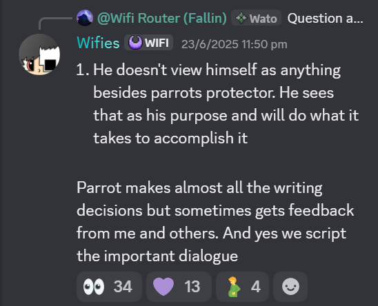 hexcrash's tweet photo. @RemiBound i'm not saying he didn't contribute because everyone in unstable contributes but you're acting like wifies was magically the one in charge of the "good parts" of parrot pov when parrot has always written his own pov and. like. he has more than one friend he can get feedback from https://t.co/TwXq9JJ9lc