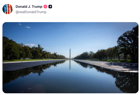 GuntherEagleman's tweet photo. 🚨 BEAUTIFUL: The Reflecting Pool is BACK, and just look at it.

Clean water, the Washington Monument shining down the middle, and a view America can be proud of again.

This is what it looks like when somebody actually cares about our national treasures.

Keep it this way. GOOD. https://t.co/X66ZJYUkoC