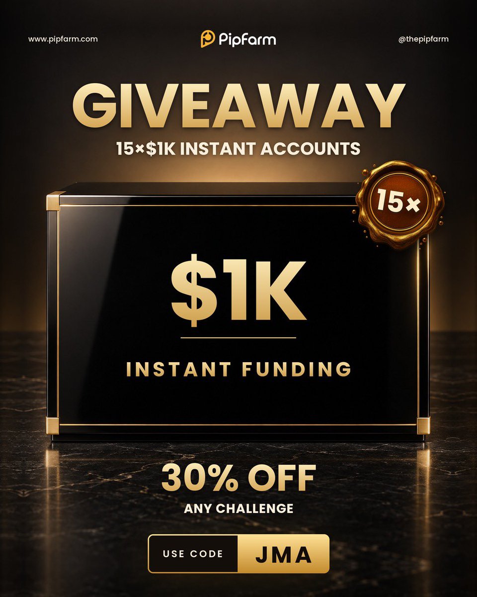 JadeJMA1's tweet photo. 🎁 PipFarm Giveaway — 15 Winners! 🎁
We’re giving away 15 × $1K Instant Accounts with @ThePipFarm! 🚀

🟡 Follow @ThePipFarm & @JadeJMA1 
🟡 Like + Repost
🟡 Join our Discord 👉 https://t.co/WHf73snK22
🟡 Tag a trader who deserves a chance! 👇

🔥 Want to get started now? Use code JMA for 30% OFF any challenge!

⏳ 72 hours. 15 winners! Good luck everyone! 🍀