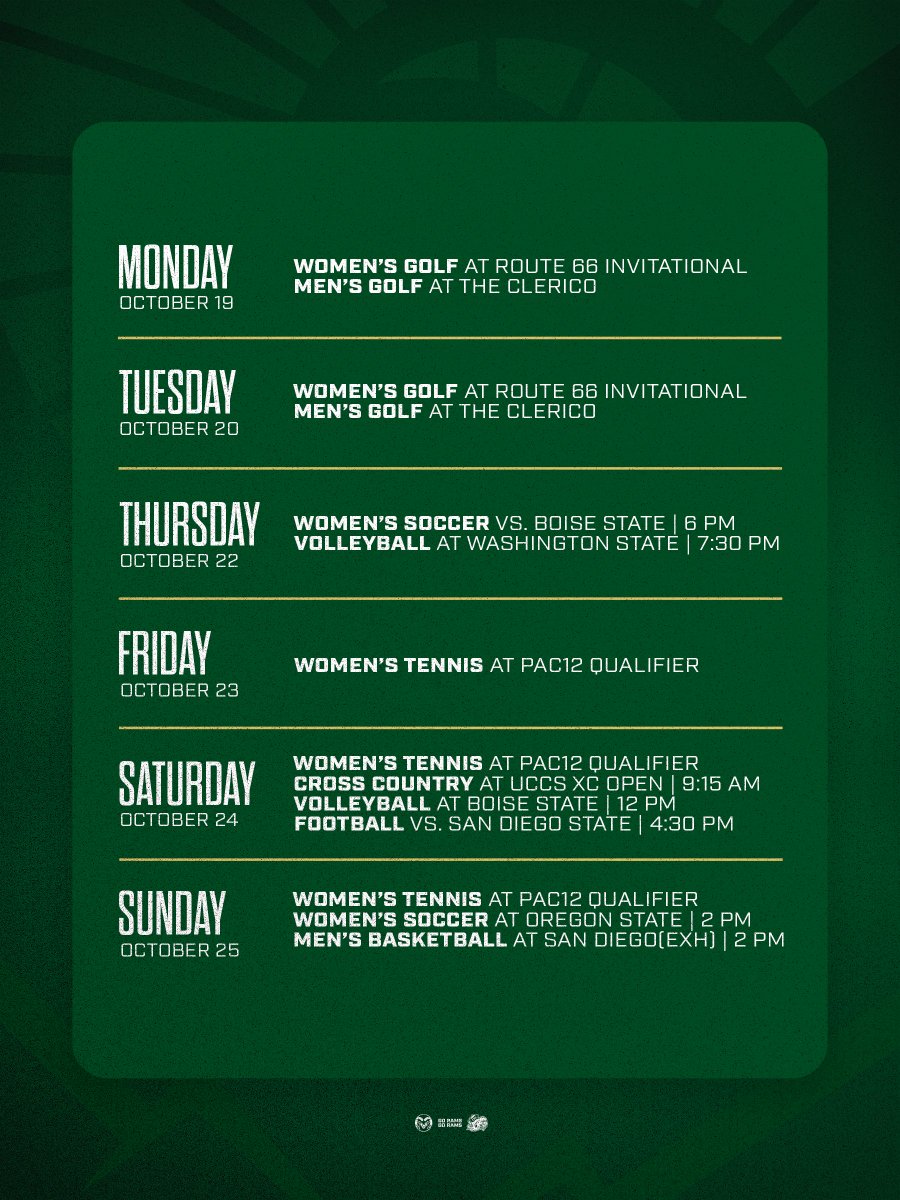 CSURams's tweet photo. Another packed week in Ram Country! 🐏💚

⚽️ @CSUFutbol hosts Boise State Thursday
🏈 @CSUFootball takes on San Diego State at Canvas Saturday
🏐⛳️🏃🎾 Volleyball, Golf, Cross Country &amp; Tennis hit the road!

Come support the Rams at home this week! 💪 https://t.co/aa8BZs1s5E