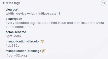 A list of meta tags with their value. Two of the tags have an orange cobweb icon