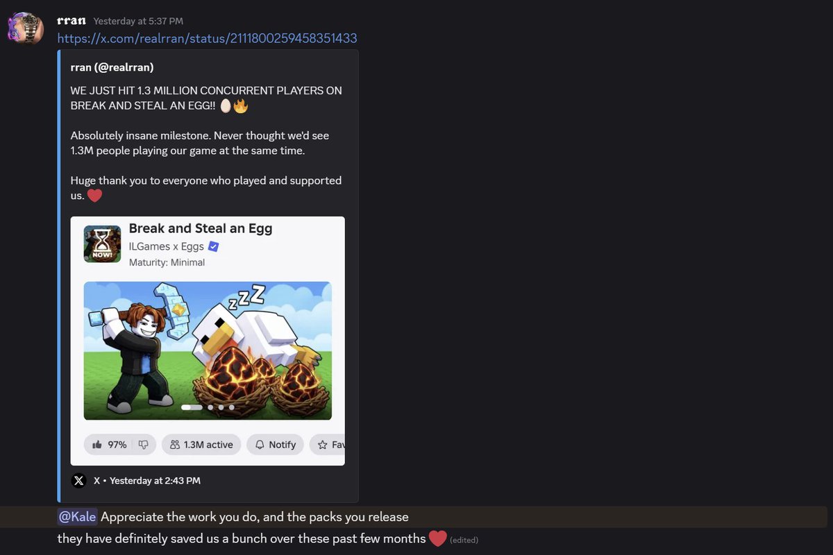 Kale_3D's tweet photo. 1,300,000 CCU+ 🤯

What a Massive Win by @realrran and @monkisrok using My Animal and Egg Packs! 👑

Yes, AI can make the models, but you will still waste time prompting them, our packs are handmade and ready to go! 💪

👉Buy: https://t.co/Pn4LT5URTP
📨Discord: https://t.co/f4pvvzV6Yo