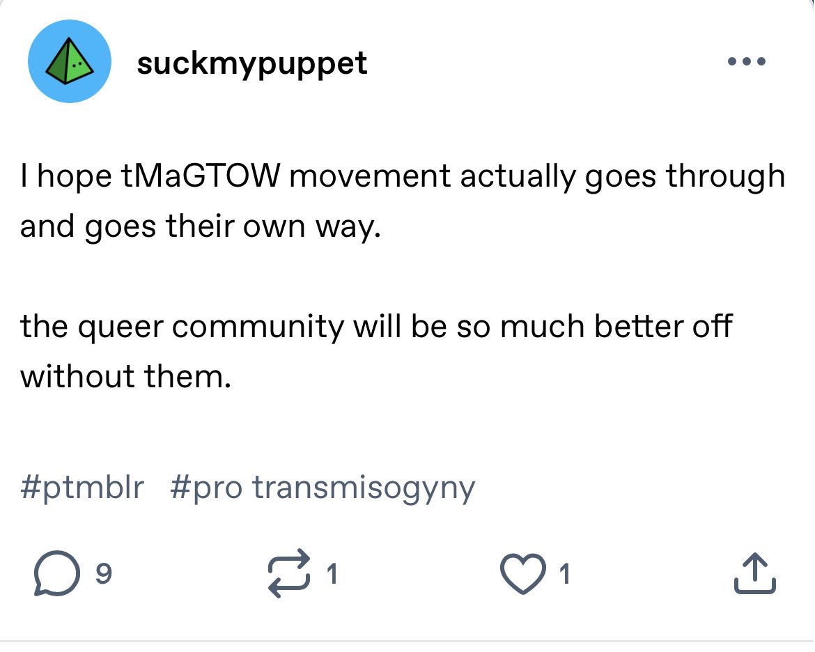 DebunkGunk's tweet photo. - Sockpuppet tumblr account LITERALLY named “SuckMyPuppet”
- Only started posted Oct 17 2026
- Just explicitly a “pro transmisogyny” account

You’re acting like this is the genuine result of trans men and not bc of a single account someone created solely to start shit… 🫠 https://t.co/iuzhigpVDg