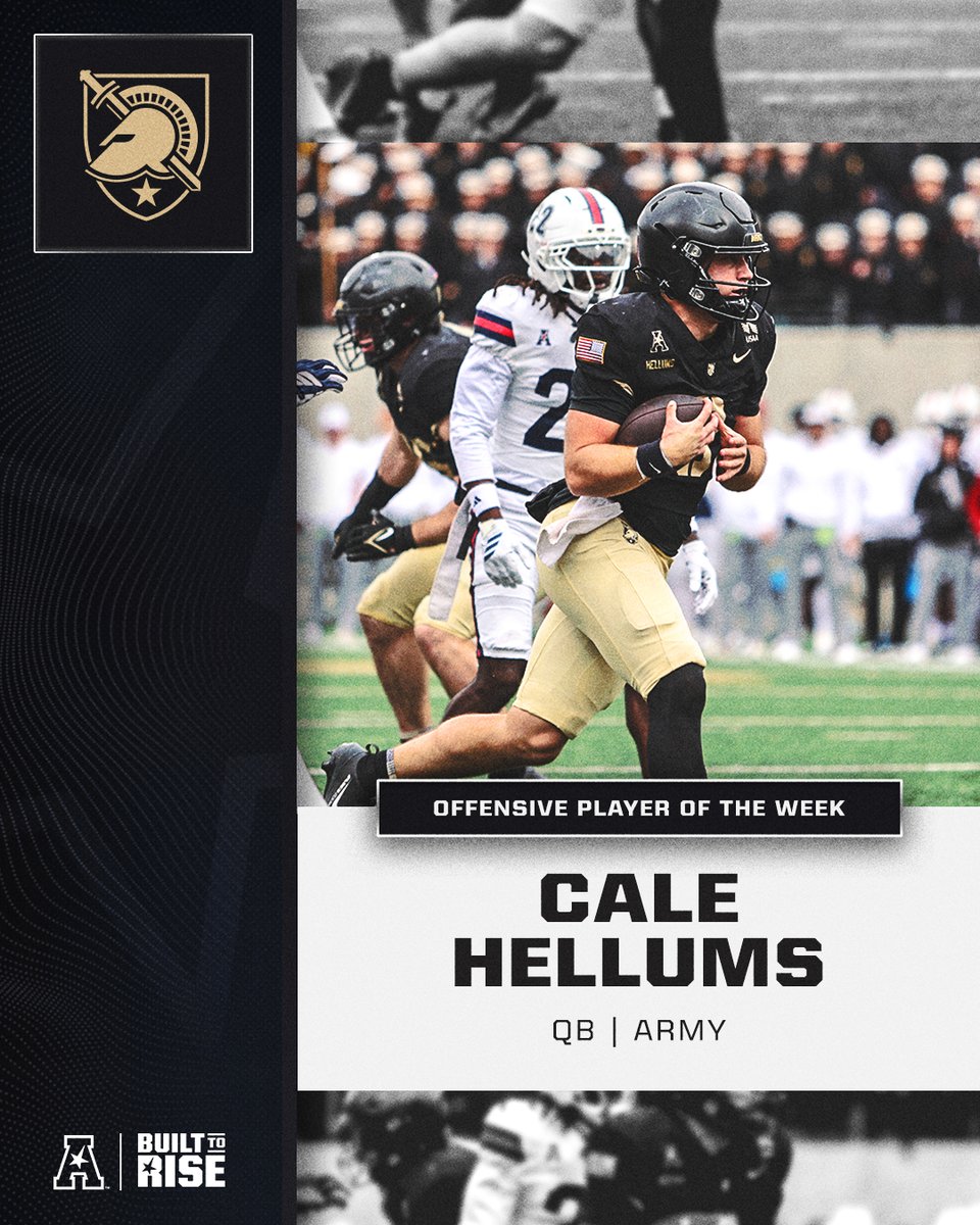 American_Conf's tweet photo. 𝐎𝐟𝐟𝐞𝐧𝐬𝐢𝐯𝐞 𝐏𝐥𝐚𝐲𝐞𝐫 𝐨𝐟 𝐭𝐡𝐞 𝐖𝐞𝐞𝐤🏈

Cale Hellums x @ArmyWP_Football  ⚔️

#BuiltToRise x #AmericanFB https://t.co/hgZ0FchGIJ