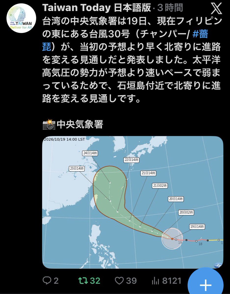 o_kube's tweet photo. 台風の進路、台湾と日本でこんなに違うの初めて見たわ。
←台湾の予報　日本の予報→ https://t.co/rZd9nSTSSy