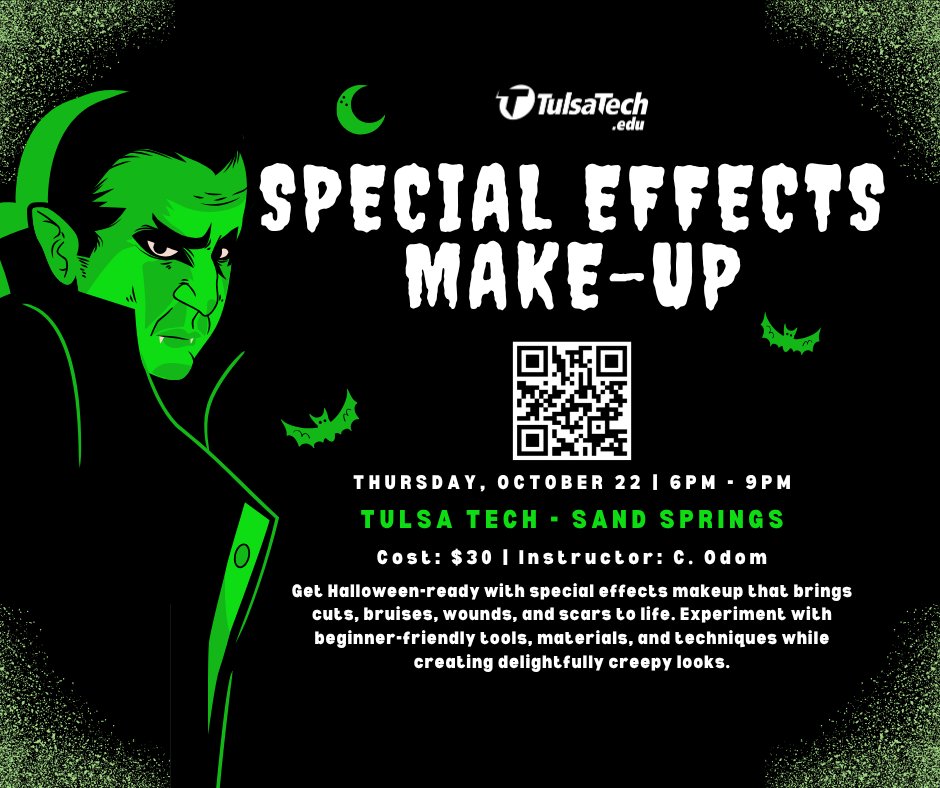 tulsatech's tweet photo. Special Effects Makeup - Get Halloween-ready with special effects makeup that brings cuts, bruises, wounds, and scars to life. 

📅 Oct. 22
⏰ 6-9 pm
🏫 Sand Springs Campus

Enroll Today: https://t.co/jK5TfR4KpU https://t.co/ef0PYAHQZc
